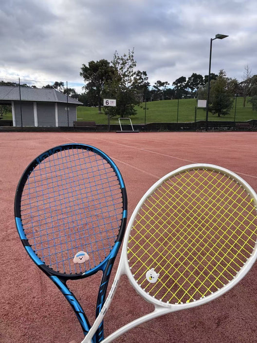 Two rackets with Pupcourt dampeners on an outdoor court at a suburban tennis club
