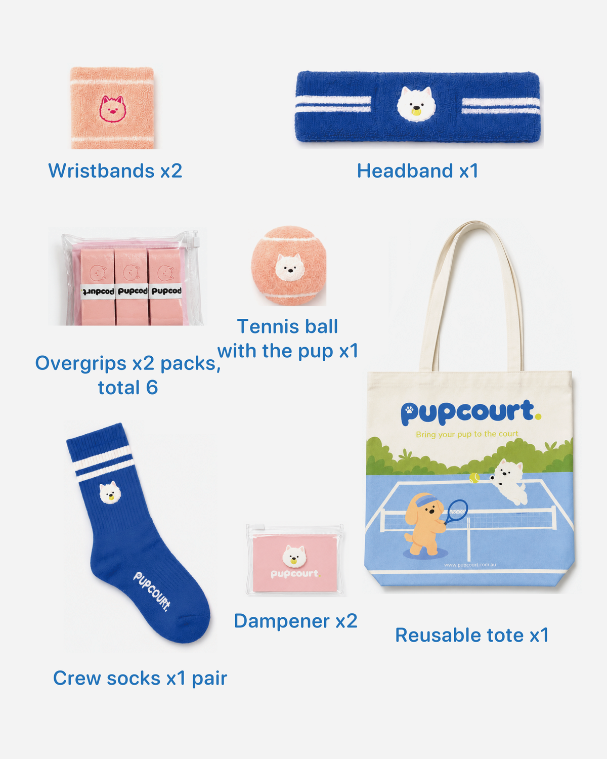 What is in the Cavoodle Full Kit: six overgrips, two dampeners, a pair of crew socks, a pair of wristbands, a headband, a printed tennis ball and a reusable tote.