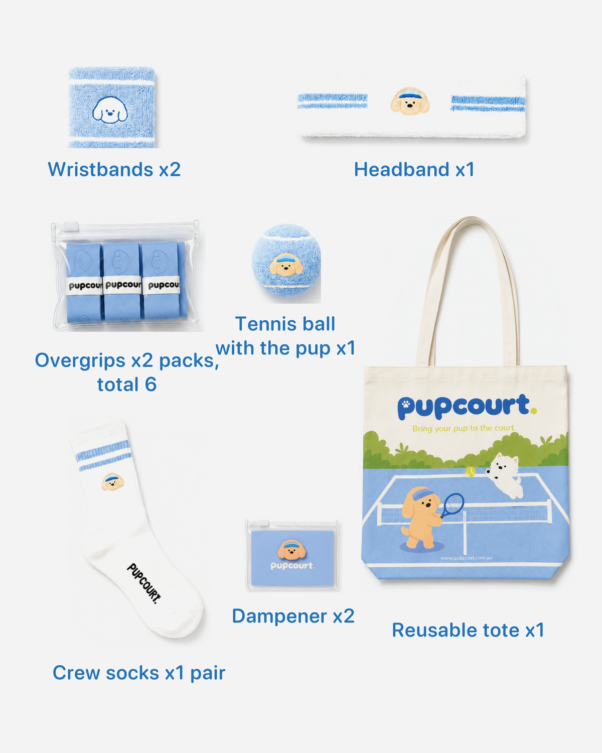 What is in the Golden Retriever Full Kit: six overgrips, two dampeners, a pair of crew socks, a pair of wristbands, a headband, a printed tennis ball and a reusable tote.