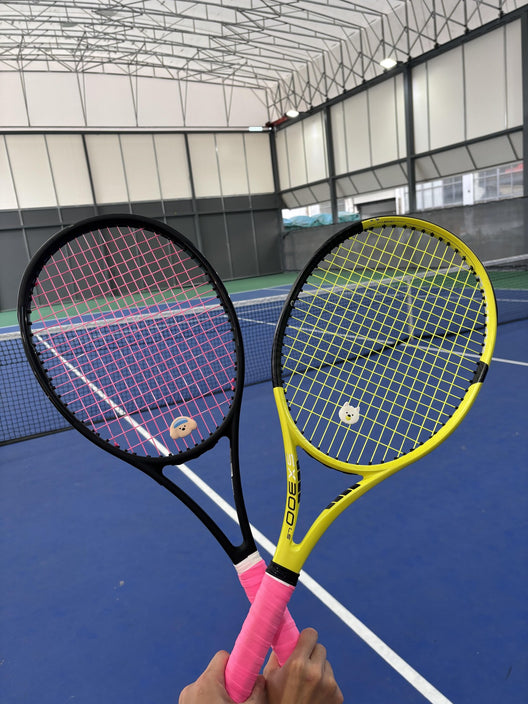 Two rackets with Pupcourt dampeners, the golden retriever and the cavoodle, on an indoor hard court